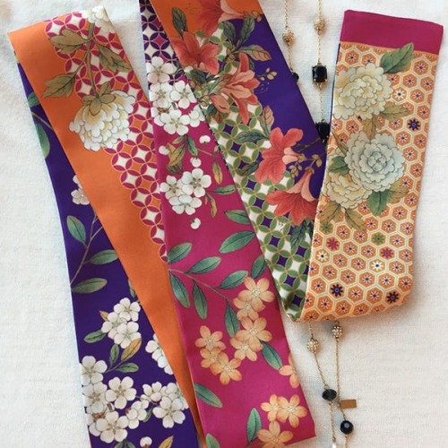 [오색채담] 민화패턴 실크 트윌리 스카프(오렌지)